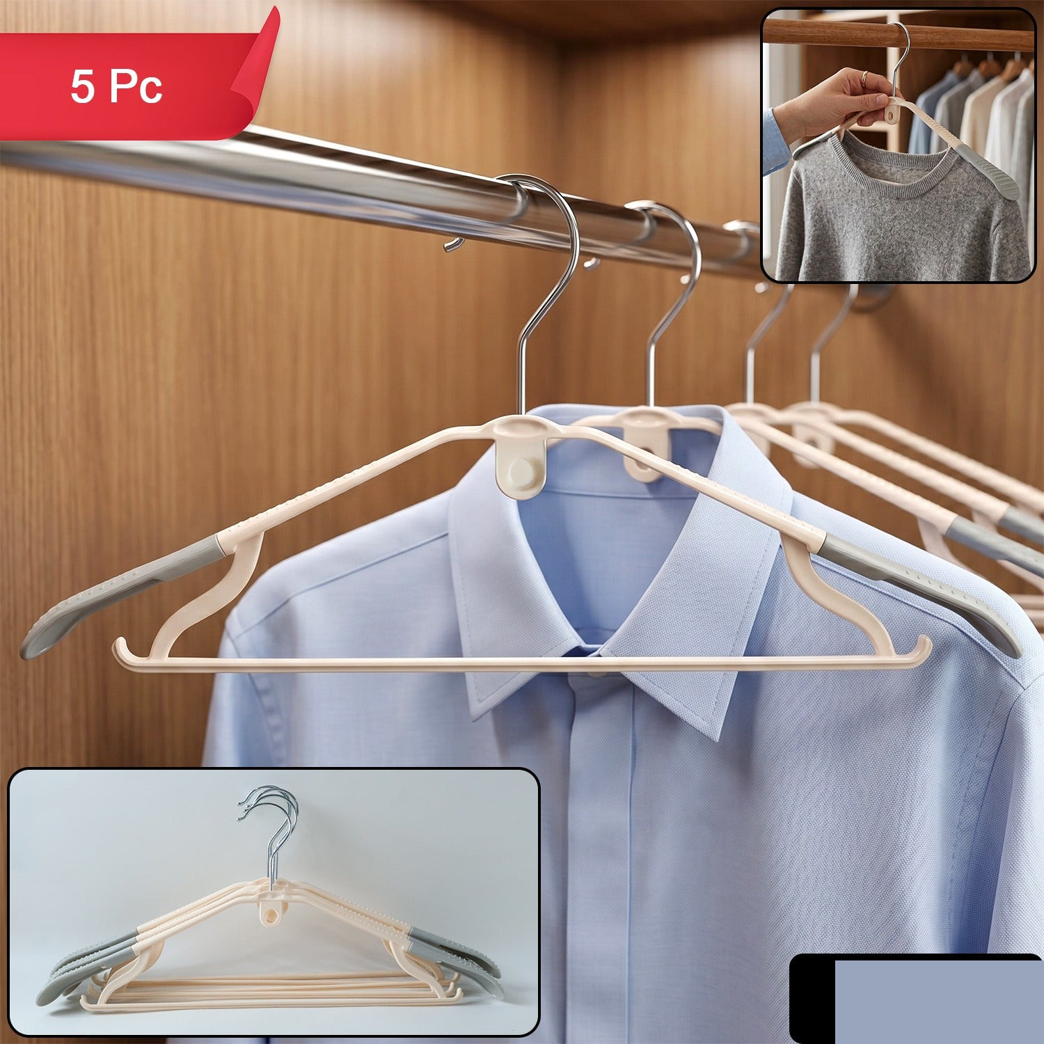Durable Plastic Clothes Hangers Set (5 Pc Set) - Detailed Feature View 1