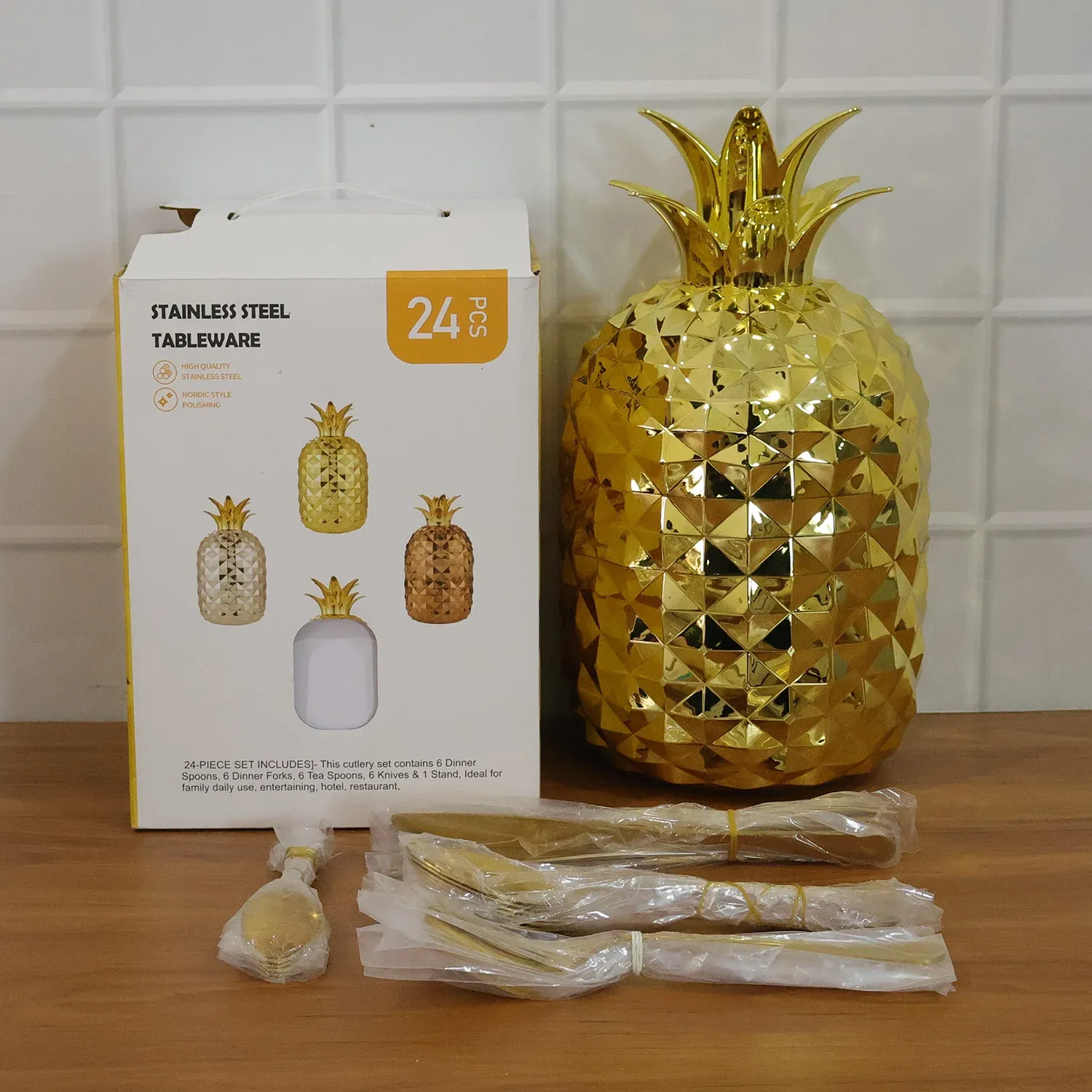 Stainless Steel Golden Cutlery Set with Pineapple Storage Stand (24 Pc Set) - Detailed Feature View 7