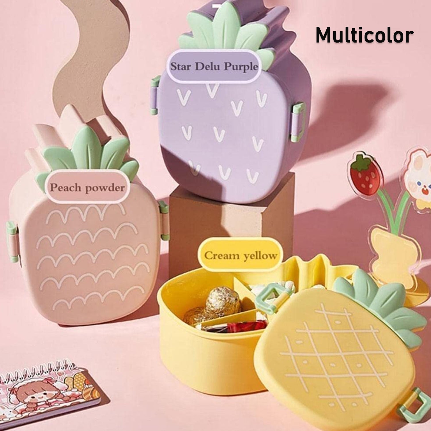 Kids Lunch Box Cute Pineapple Shaped Bento Box with Fork Spoon Snack Container - Detailed Feature View 5
