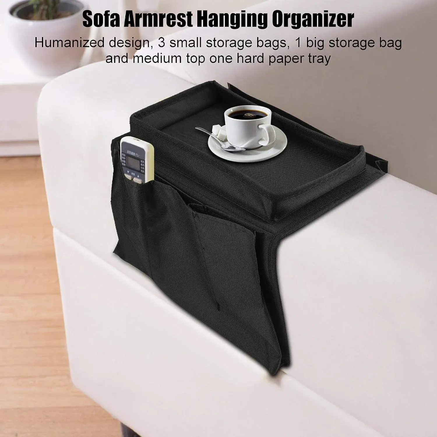 Sofa Arm Rest Hanging Storage Bag for Magazines & Books (Black) - Detailed Feature View 2