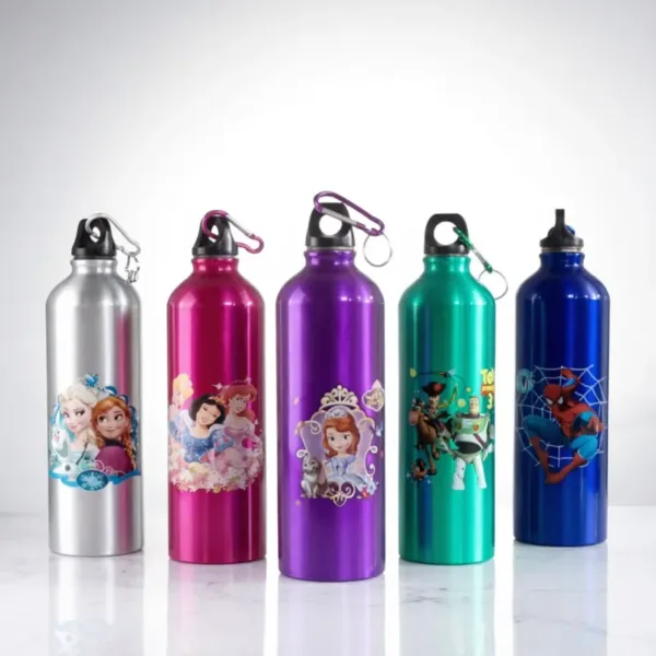 1000ml Metal Character Water Bottle – 1 Litre Kids Cartoon Bottle | Durable & Leak-Proof (Random Design/Color-Pack of 1)
