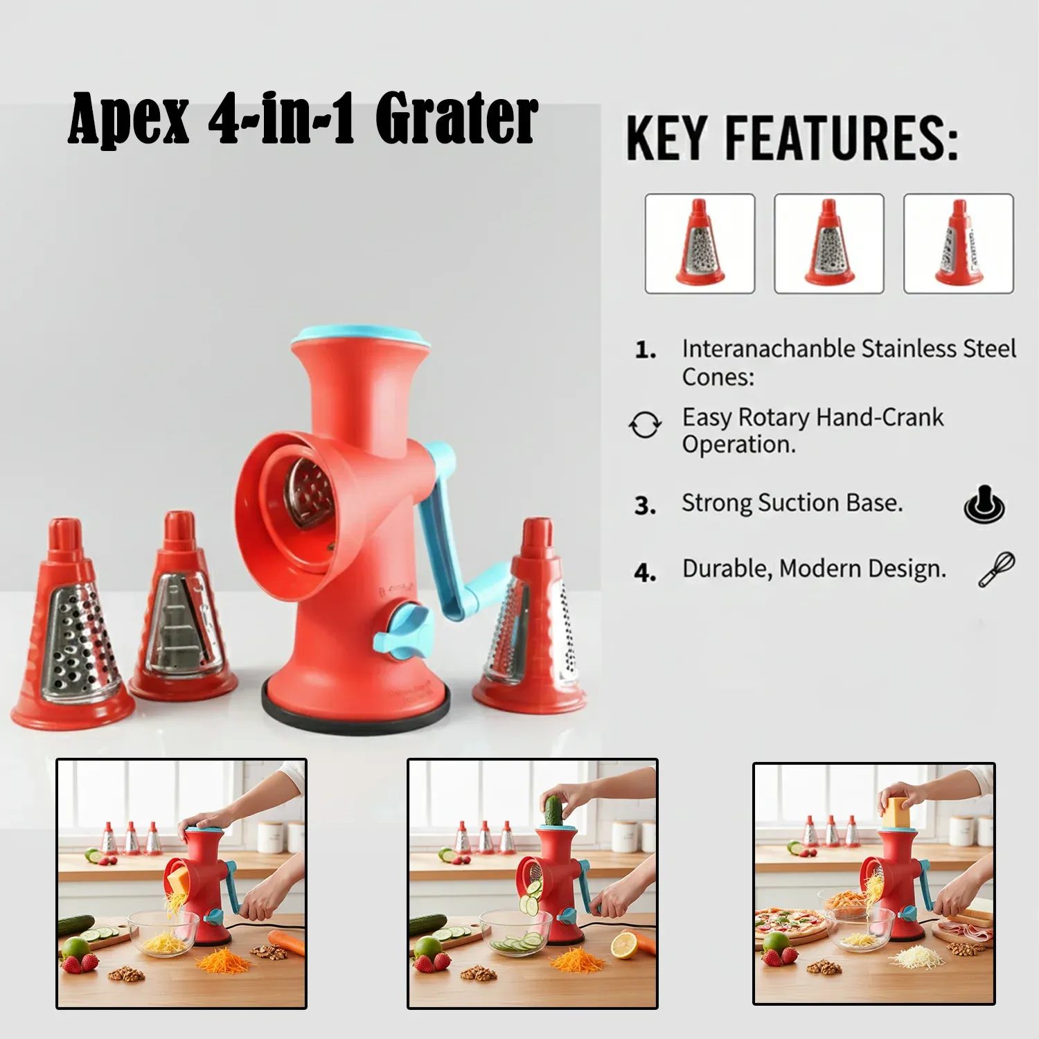 Apex 4 in 1 Signature Rotary Grater with Interchangeable Blades - Detailed Feature View 3