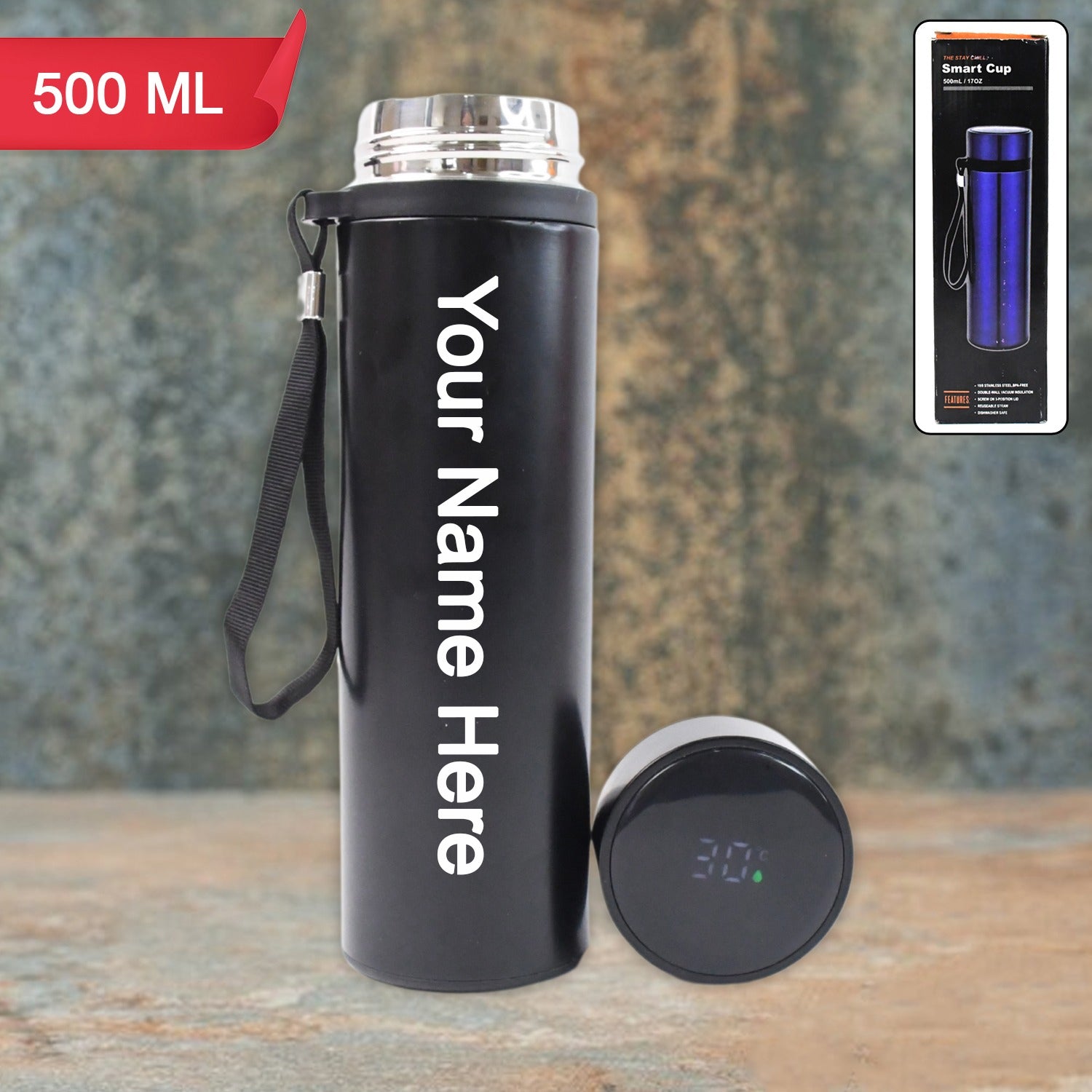 Premium Personalized Stainless Steel Water Bottle with Smart Temperature Display (500ml) - Buy Online at Alikart