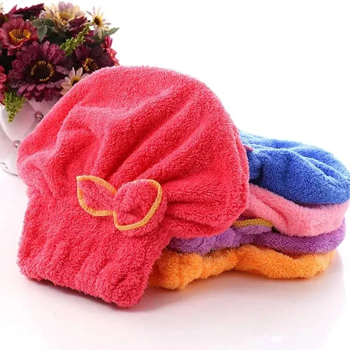 Microfiber Fabric Bow Hair Towel Wrap – Lightweight Super Absorbent Quick Dry Hair Drying Cap for Women & Girls (Random Color-Pack of 1) - Detailed Feature View 1