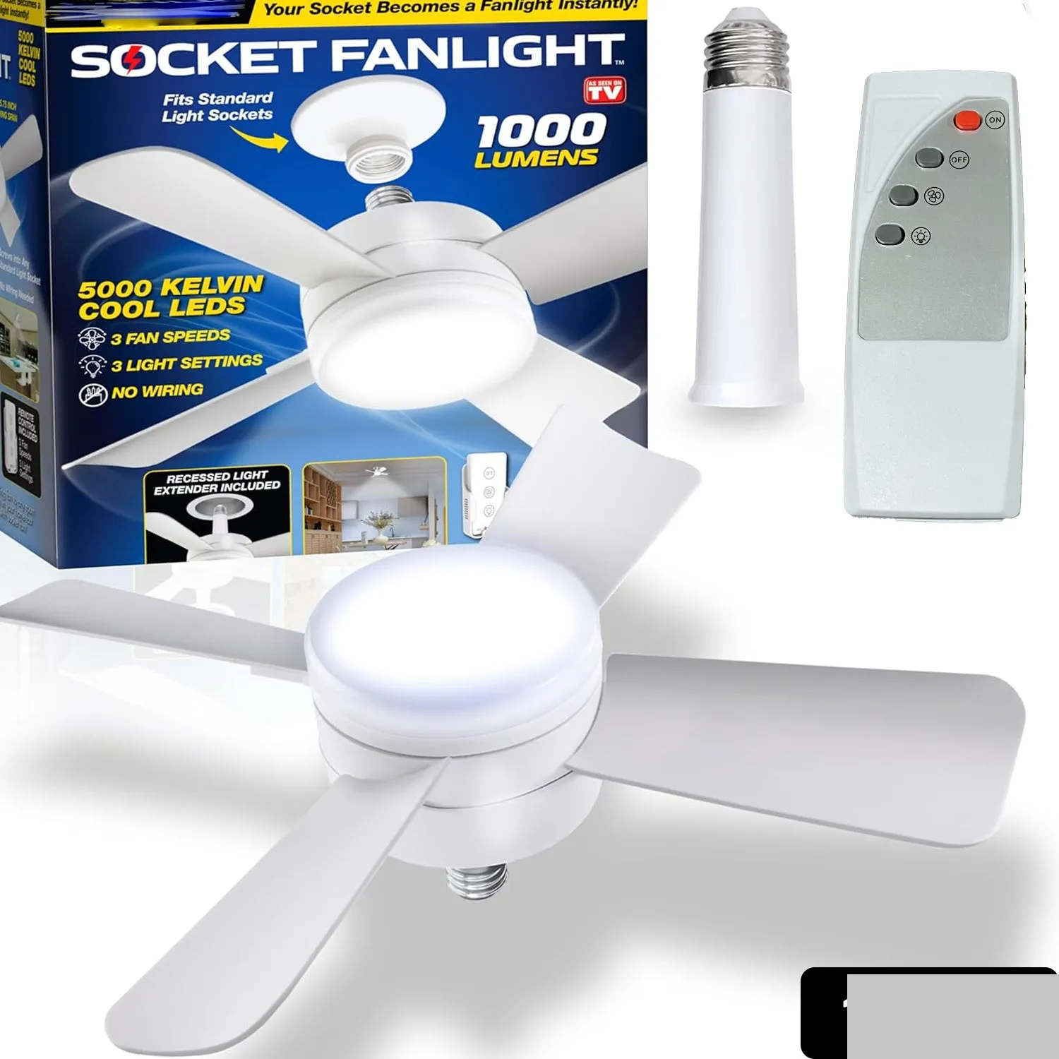 Original Cool LED Socket Fan Light 1000 Lumens 5000K Remote Controlled - Detailed Feature View 1