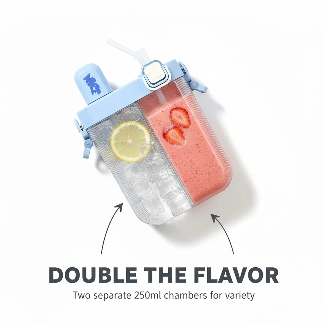 2in1 Dual Compartment Water Bottle with Straw & Adjustable Shoulder Straps (1 Pc/Multi color) - Detailed Feature View 2