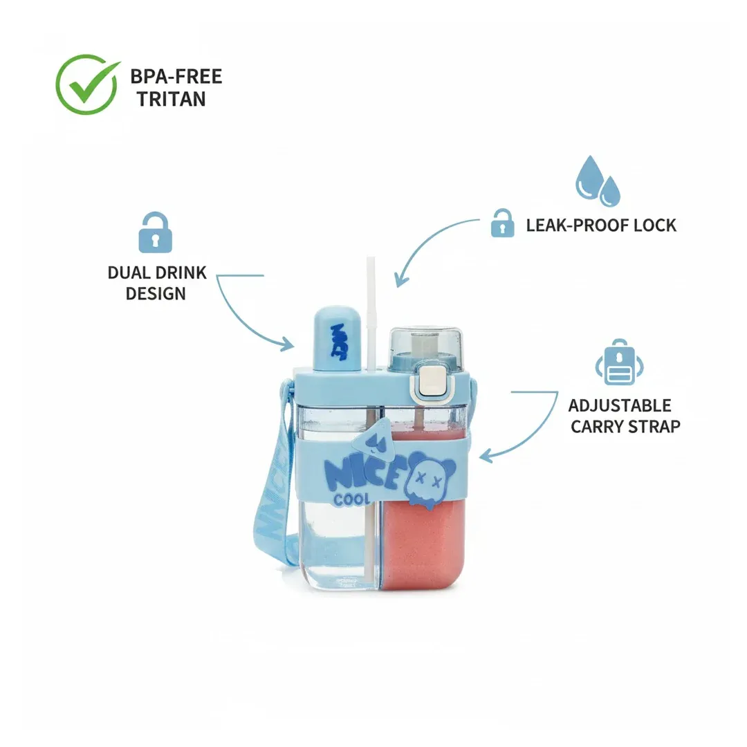 2in1 Dual Compartment Water Bottle with Straw & Adjustable Shoulder Straps (1 Pc/Multi color) - Detailed Feature View 4