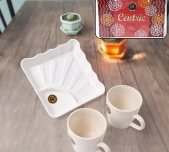 Cerntric Ceramic Tea Cup With Plastic Square Shape Serving Platter Milk Cup 3pc Set