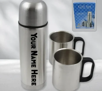 Customize Double Wall Stainless Steel Thermos Flask 500ml Vacuum Insulated Gift Set with Two Cups Hot & Cold, Stainless Steel, Diwali Gifts for Employees, Corporate Gift Item (3 Pcs Set)