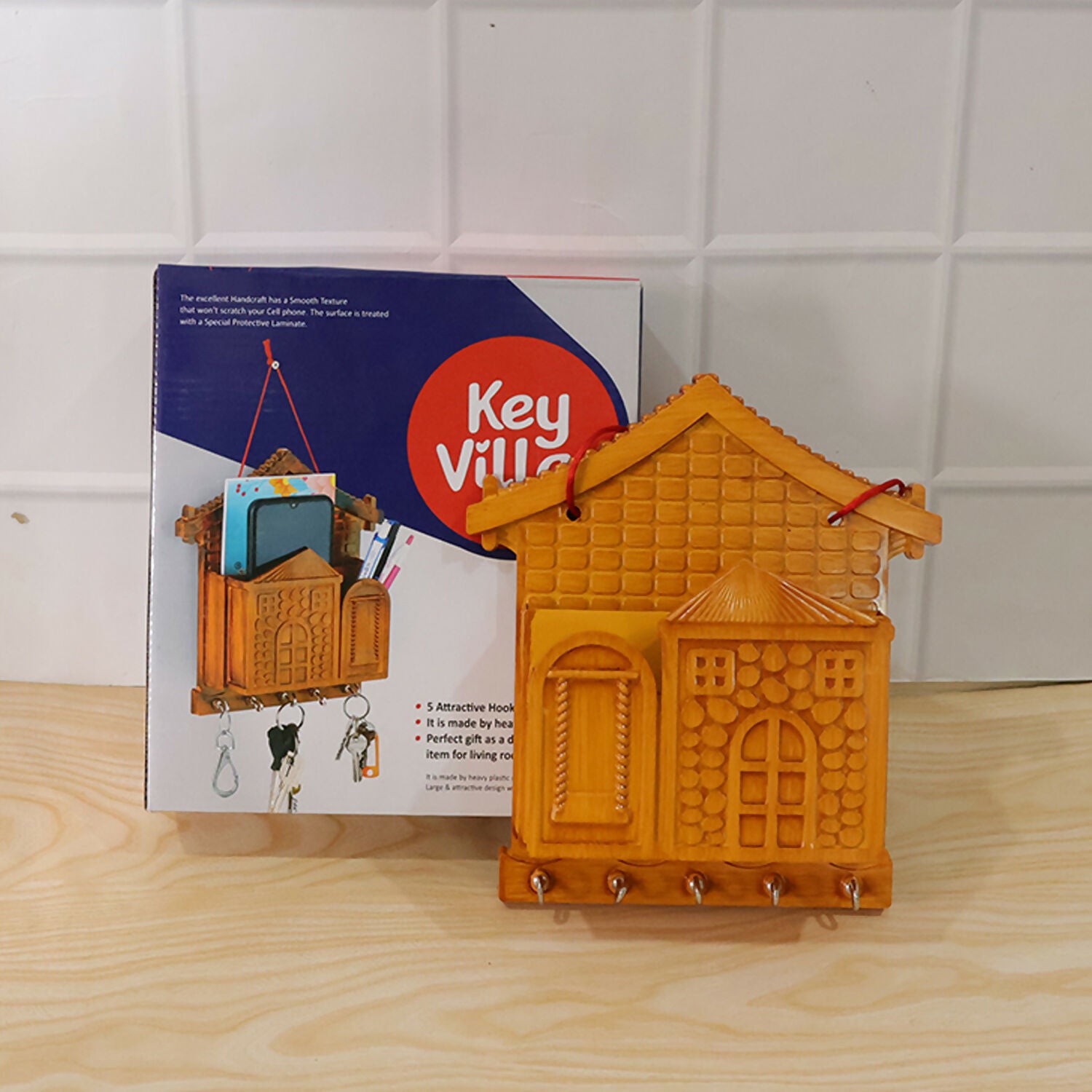 Key Holder with Key Villa – Wooden Organizer with Hooks & Storage for Keys & Small Accessories - Detailed Feature View 6