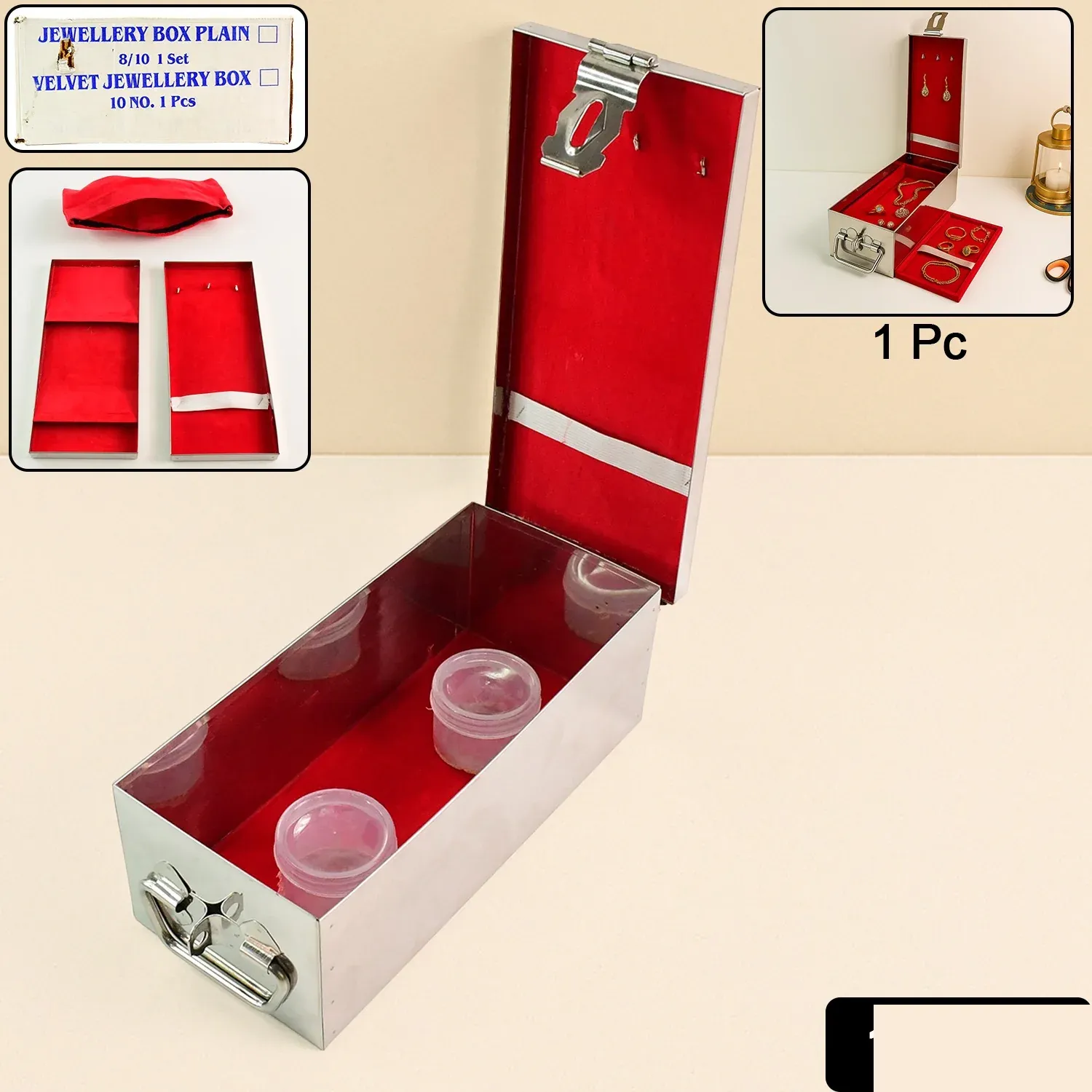 Premium Stainless Steel Velvet Lined Jewellery Storage Box with Lock and Red Interior - Detailed Feature View 1
