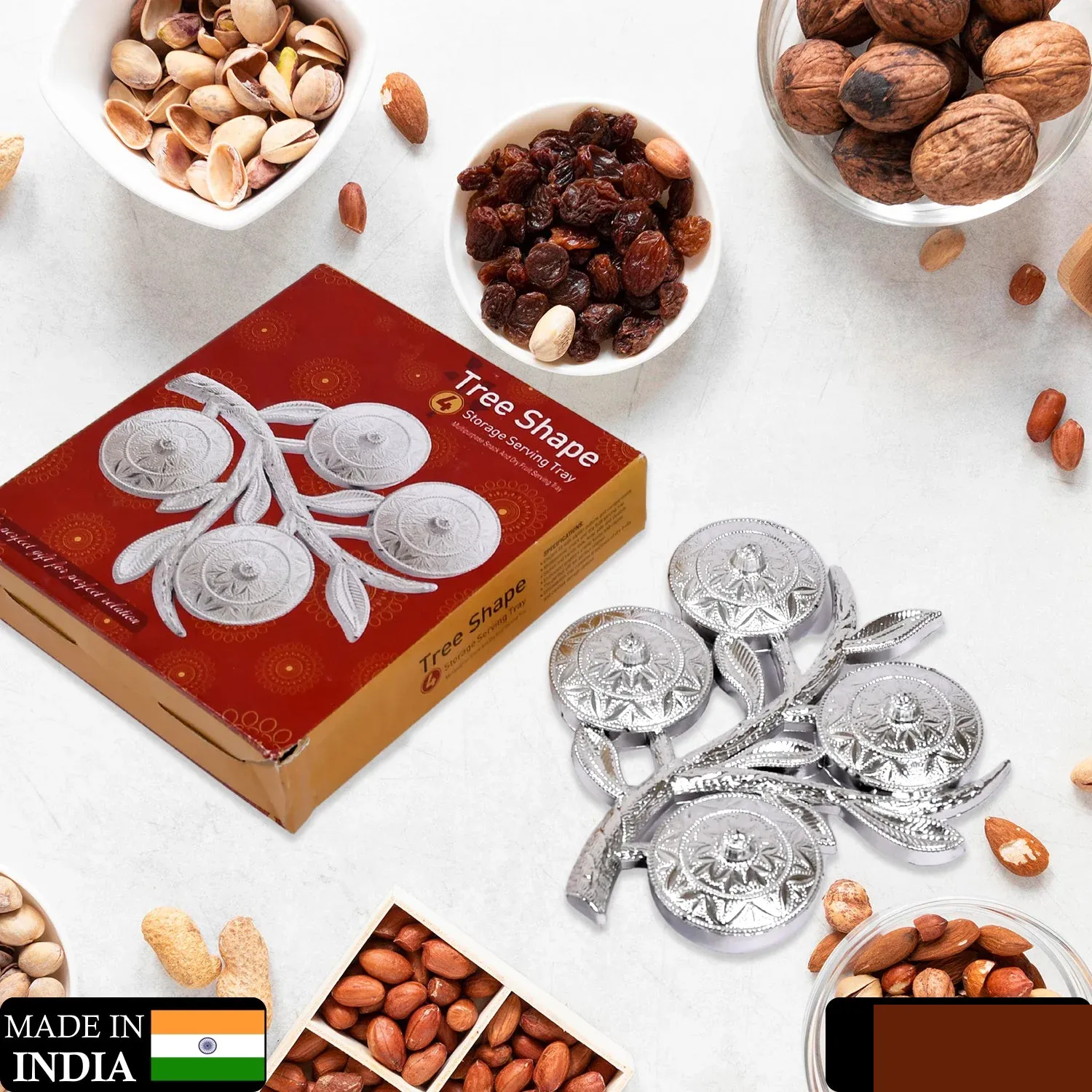 Tree Shape 4 Compartment Mukhwas Dani Serving Tray For Home & Kitchen Use - Detailed Feature View 1