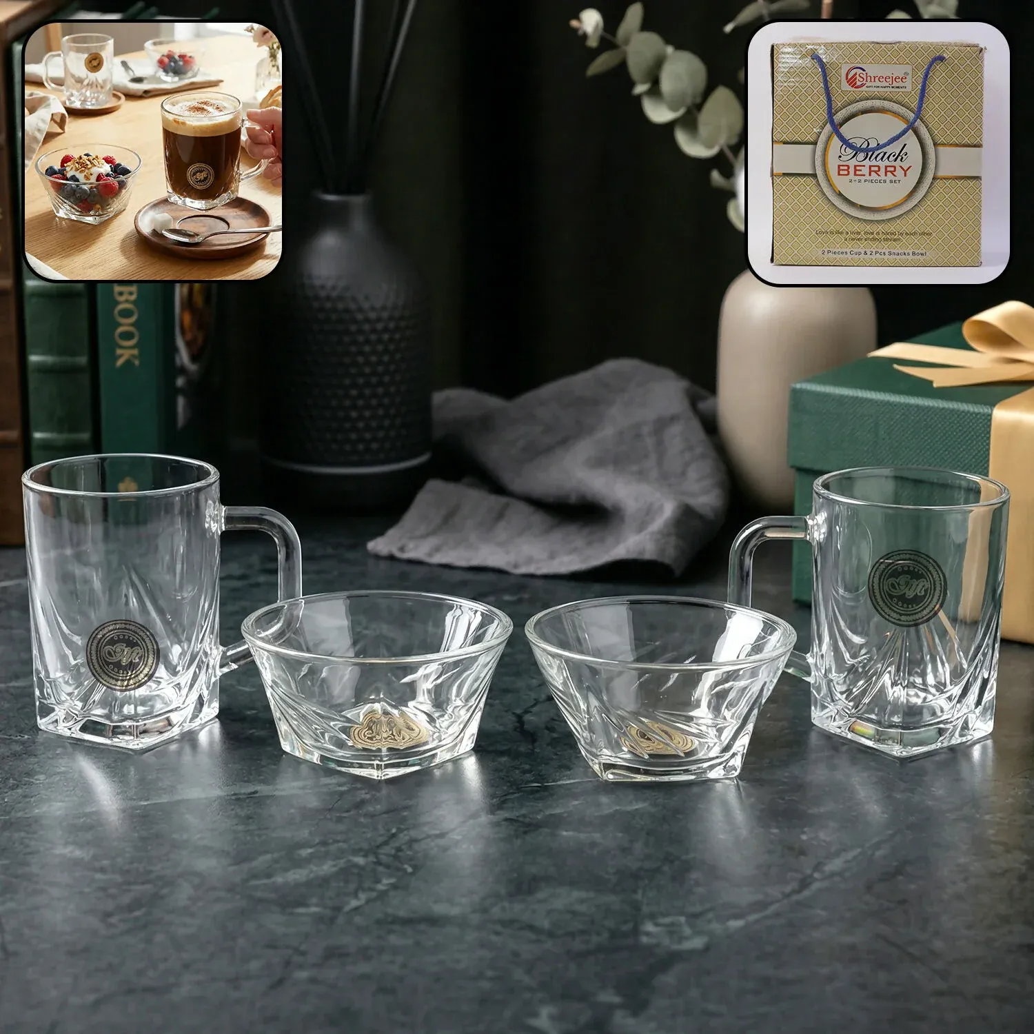 Premium Black Berry 4-Piece Glassware Gift Set - 2 Elegant Coffee Mugs & 2 Crystal Snacks Bowls | Premium Transparent Crockery Set for Home & Gifting - Buy Online at Alikart