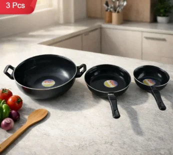 Hard Anodized Cookware Set Kadhai Fry Pan Tadka Pan Heavy Duty Kitchen Set (3 Pc)