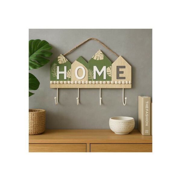 Rustic Wooden Wall Key Holder with “HOME” Letter Design – Decorative Wall Hanging with 4 Sturdy Hooks and Rope Hanger – Ideal for Entryway