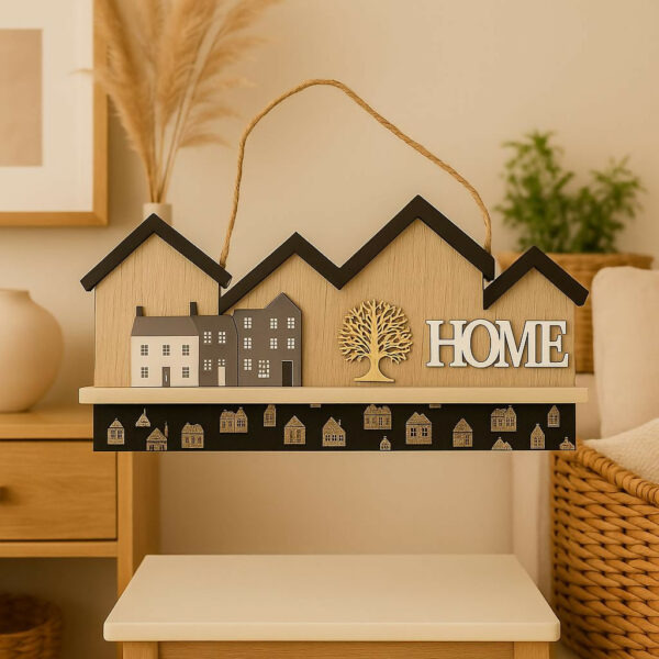 Wooden Home Wall Hanging keystand Decor with Miniature House Design and Rope Handle – Decorative Shelf Art with 3D Tree and ‘HOME’ Letters, Ideal