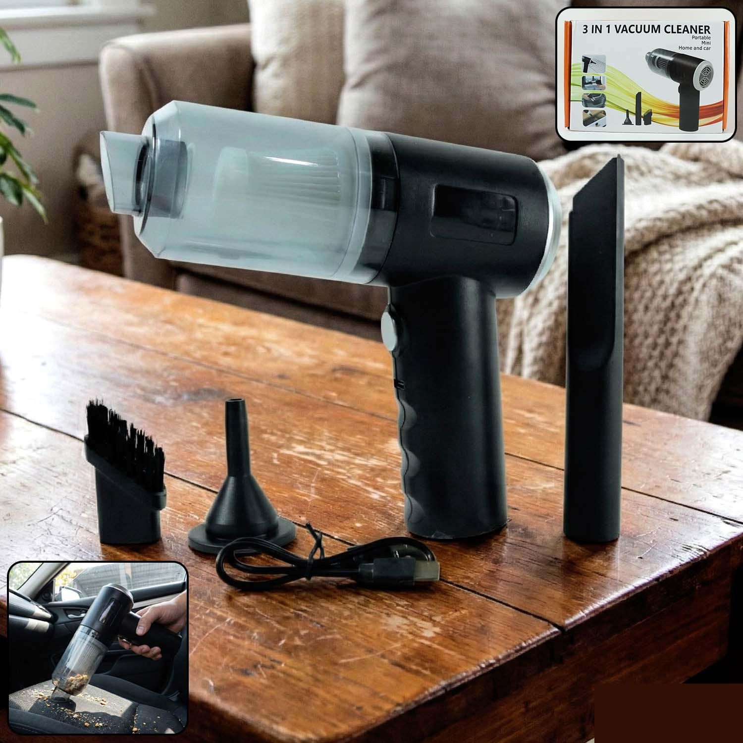 Premium 3 in 1 Mini Car Vacuum – Wireless, Rechargeable, Blower & Dust Cleaner for Car & Home - Buy Online at Alikart