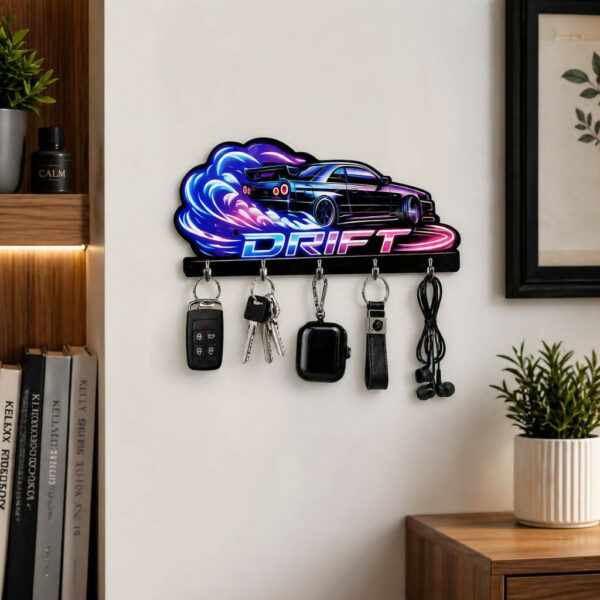 Drift Car Design Key Holder with 5 Hooks for Organizing Keys and Accessories (8×6 Inch)