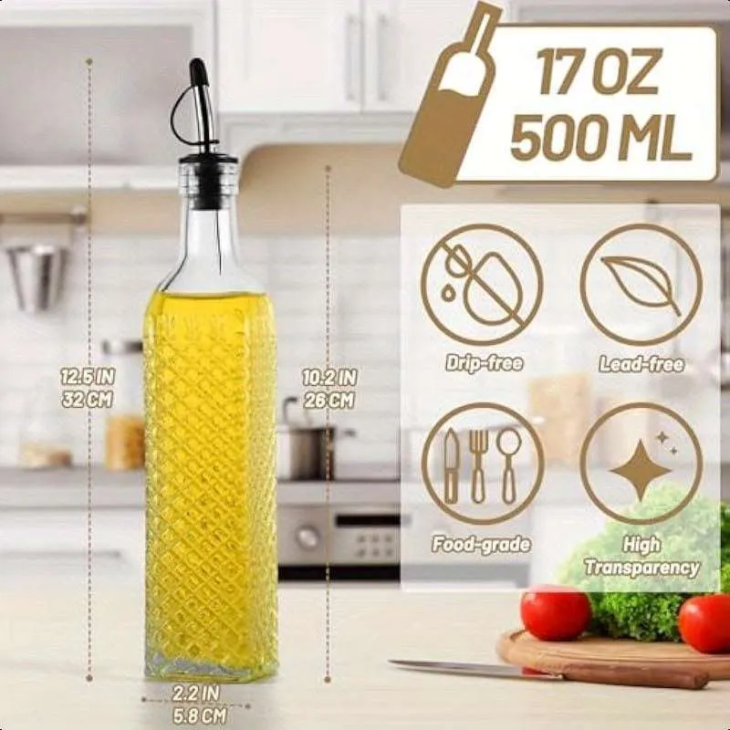 500ml Glass Oil & Vinegar Dispenser | Square Bottle with Pourer | Leakproof Kitchen Oil Bottle for Cooking (Random Design- Pack of 1) - Detailed Feature View 2