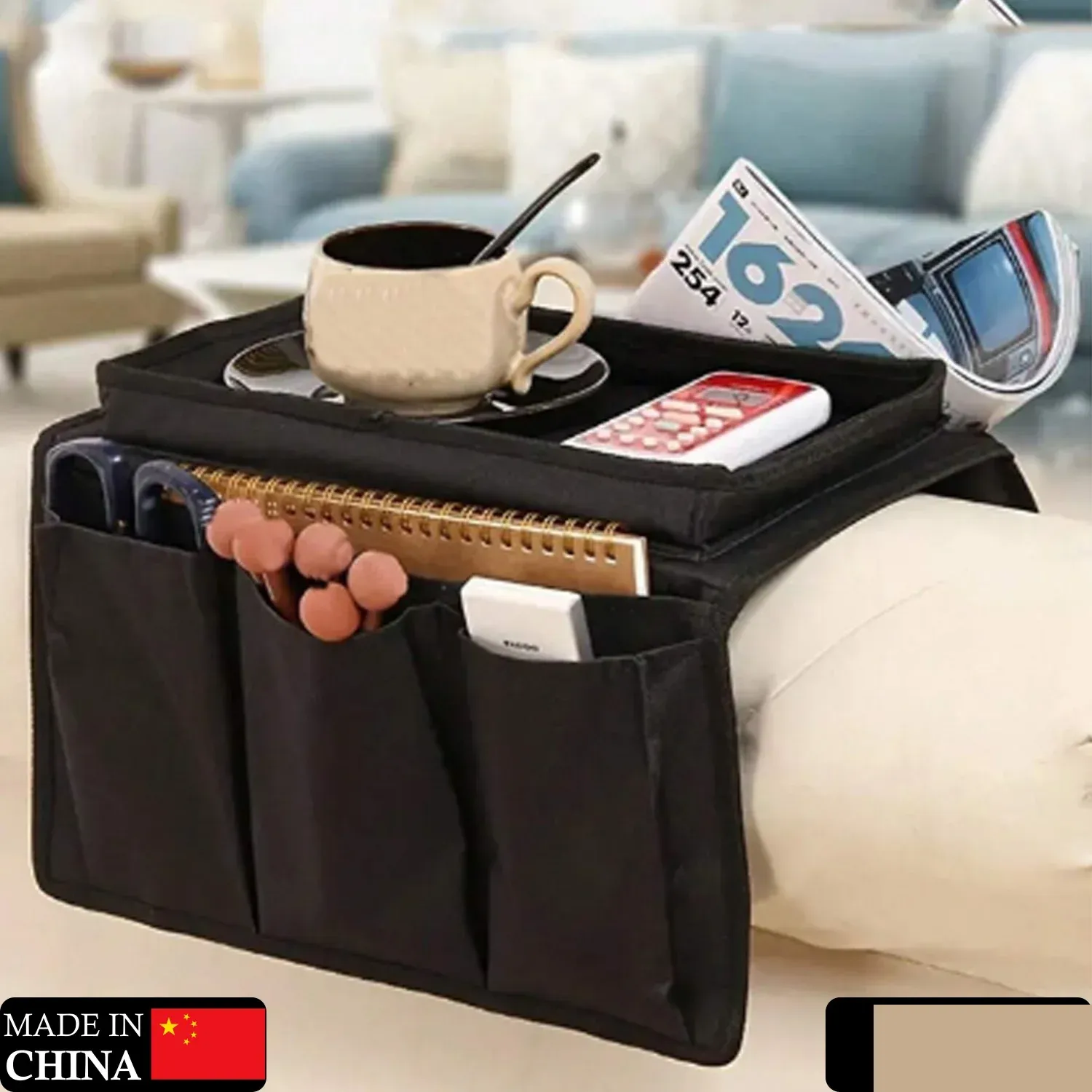 Sofa Arm Rest Hanging Storage Bag for Magazines & Books (Black) - Detailed Feature View 1