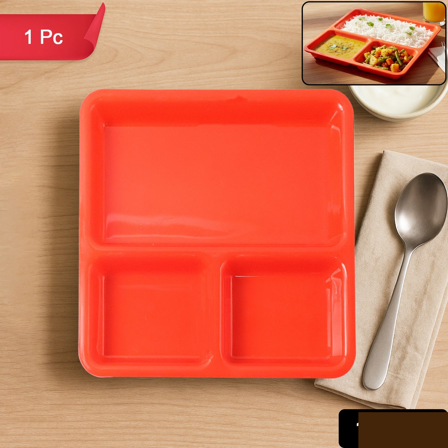 Plastic 3-Compartment Rectangular Meal Serving Tray / Plates (1 Pc) - Detailed Feature View 1