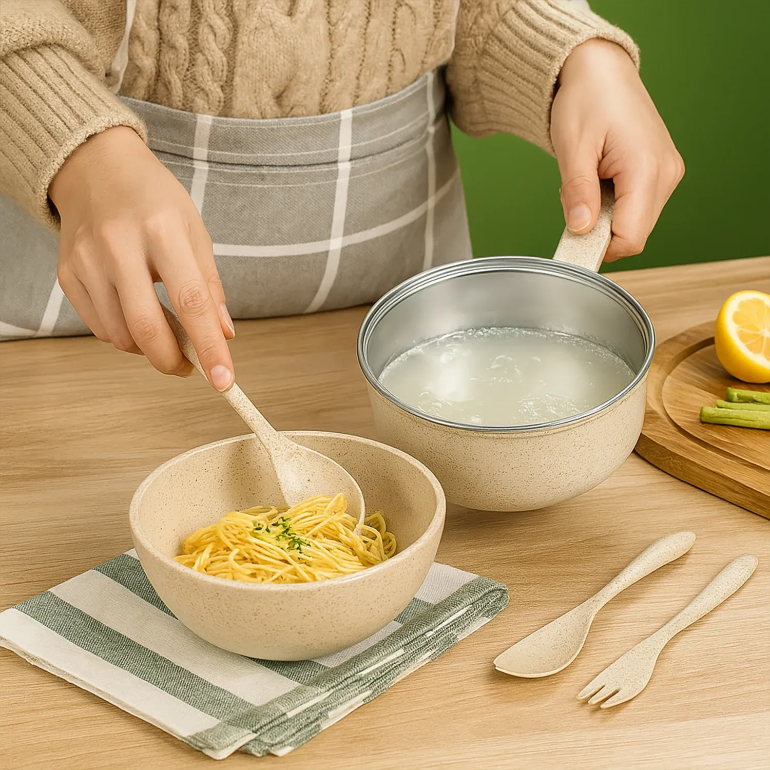 Premium Rice Bowl Noodle Set – 6 Pcs with Lid, Handle & Cutlery - Buy Online at Alikart