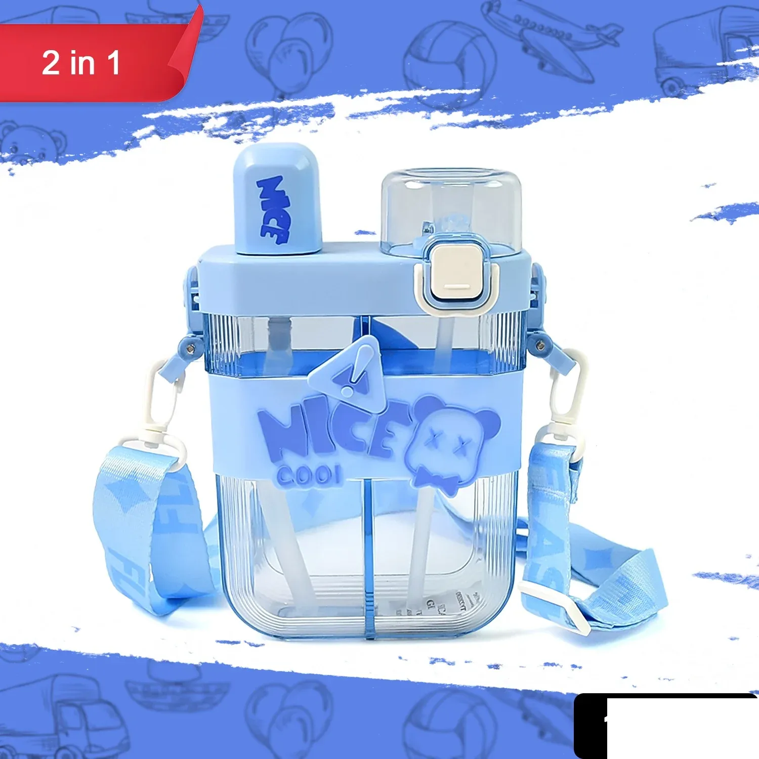 2in1 Dual Compartment Water Bottle with Straw & Adjustable Shoulder Straps (1 Pc/Multi color) - Detailed Feature View 6