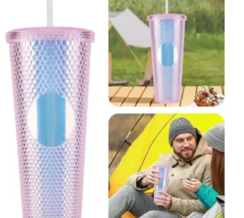 700ml Diamond Transparent Plastic Water Cup with Straw – Large Capacity Car & Travel Drink Bottle (Random Color) (Pack of 1)