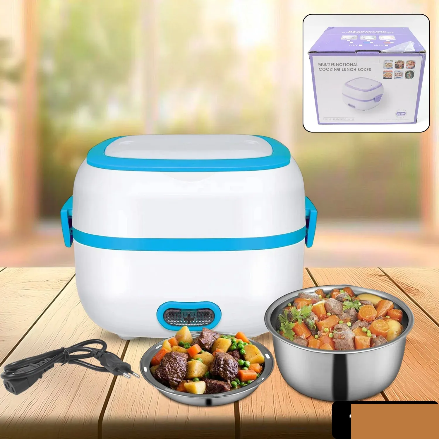Electric Lunch Box, 3 In 1 Food Heater / Cooker / Steamer with Stainless (1 Set) - Detailed Feature View 1