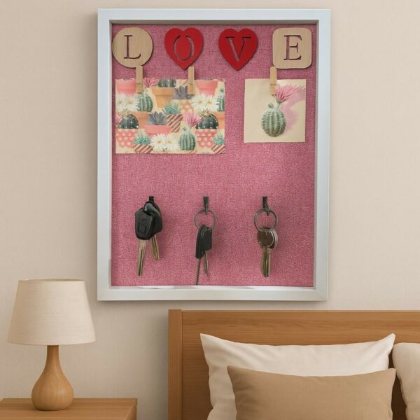 Decorative Wooden Wall Hanging Key Holder with 3 Hooks, Love Lettering & Cactus Print โ Stylish Wall Organizer for Home, Bedroom & Living Room