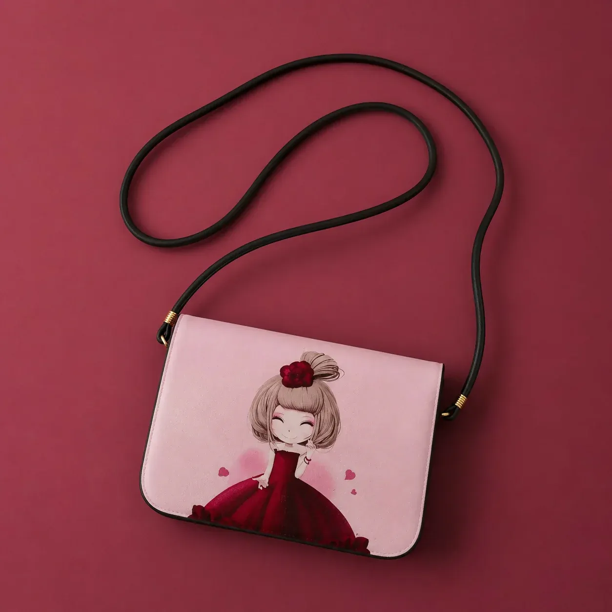 Pink Cartoon Girl Print Sling Bag for Girls & Kids - Detailed Feature View 2
