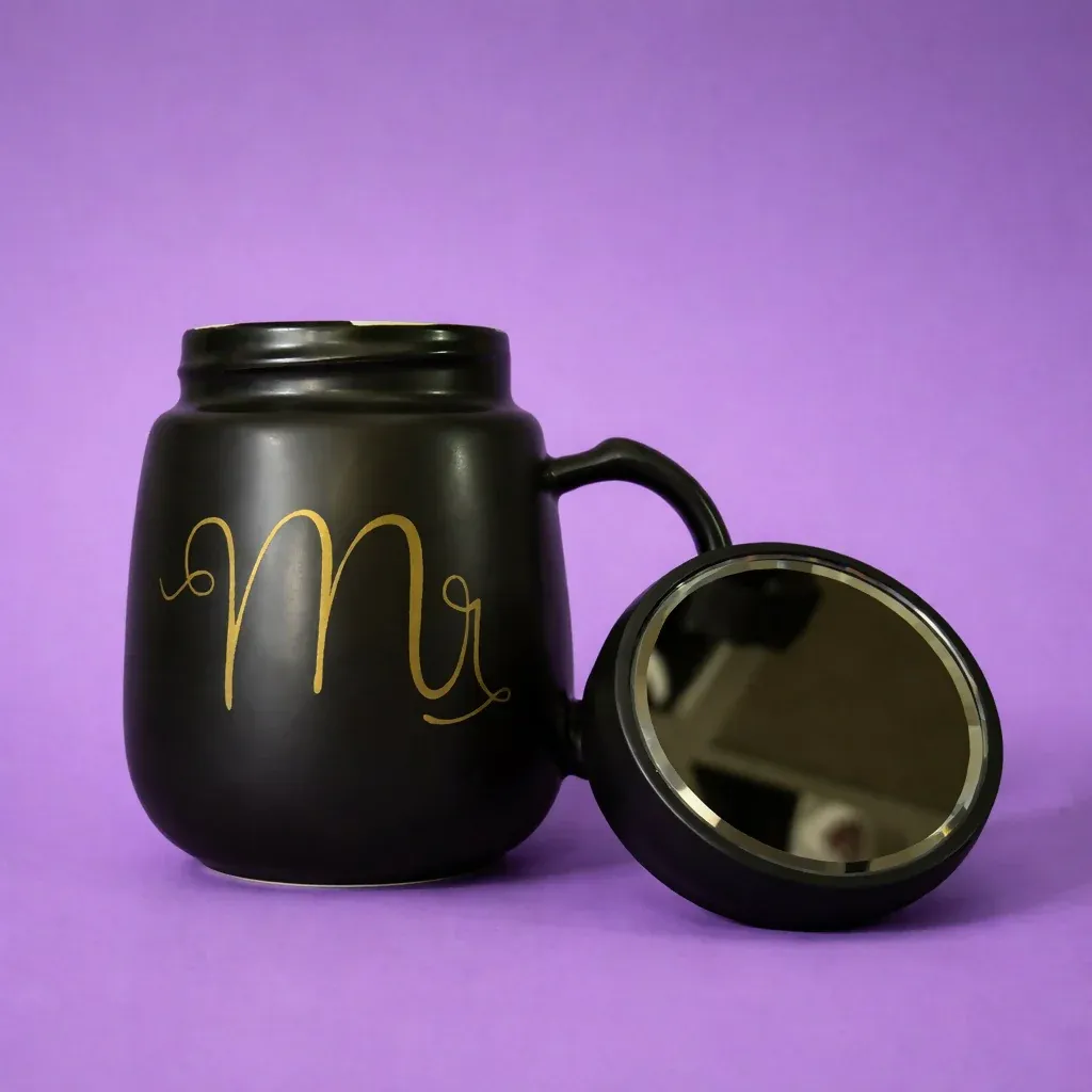 Mr Printed Ceramic Coffee Mug with Lid, Stylish Tea Cup - Detailed Feature View 1