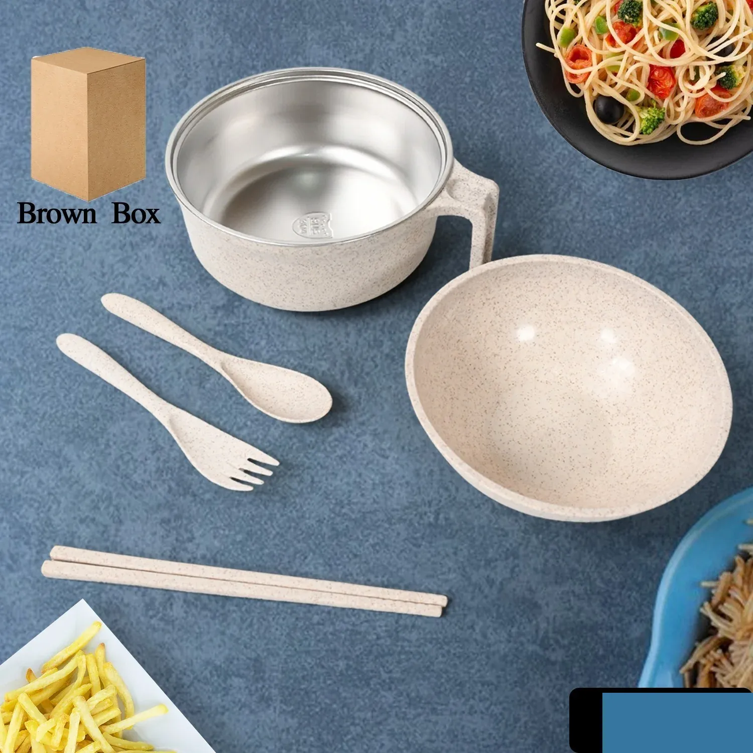 Rice Bowl Noodle Set – 6 Pcs with Lid, Handle & Cutlery - Detailed Feature View 1