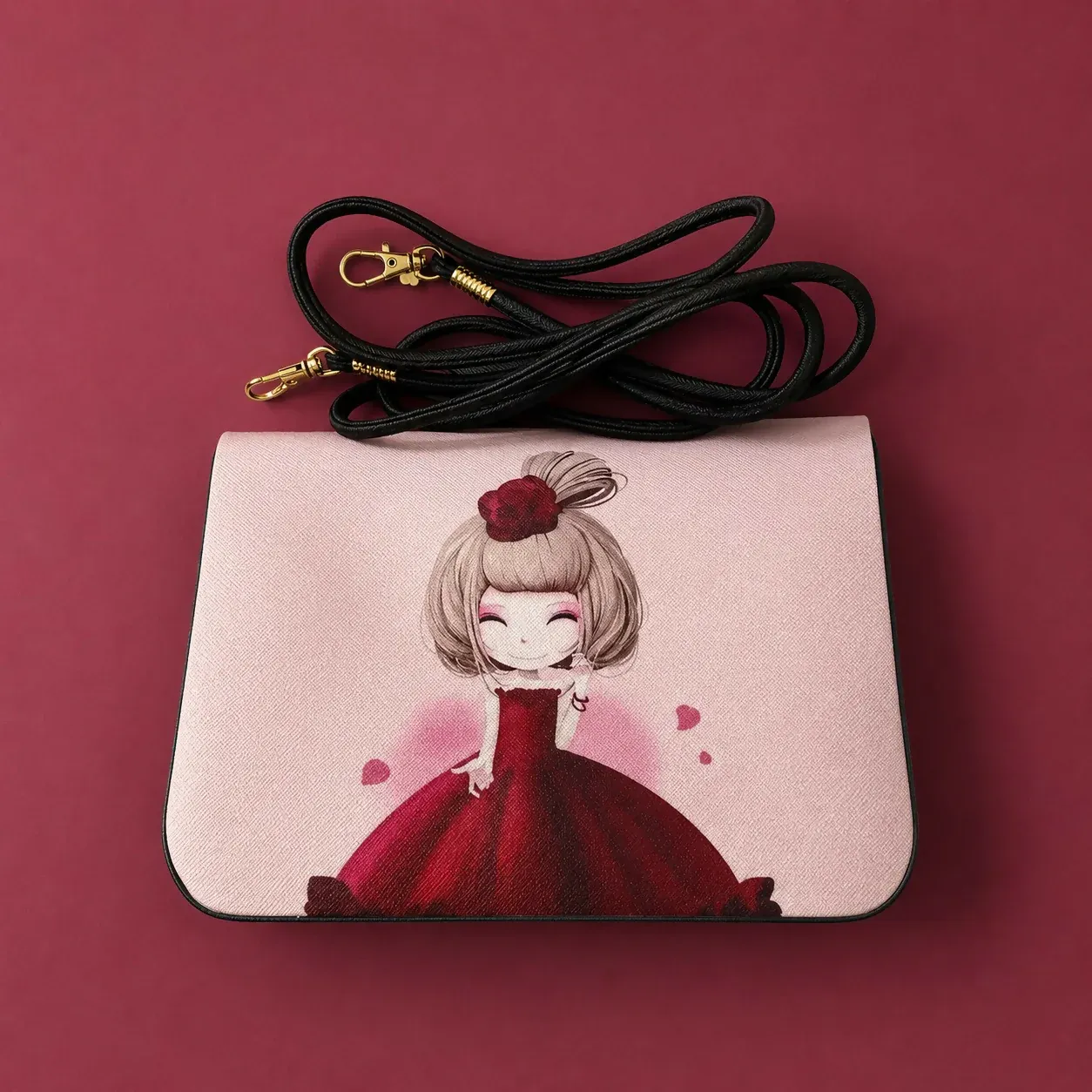 Pink Cartoon Girl Print Sling Bag for Girls & Kids - Detailed Feature View 3