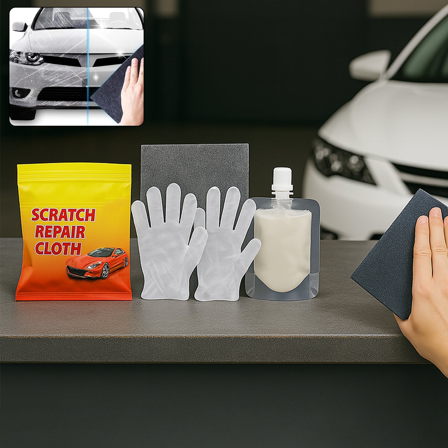 Premium Nano Magic Car Scratch Remover Cloth, Multipurpose Scratch Repair Cloth, Cloth for Car Paint Scratch Repair, Easy to Repair Slight Scratches on the Surface Polishing Repeatable Use for All Kinds of Car (45 ML Repair Solution, 2 Gloves, 2 nano Cloth) - Buy Online at Alikart