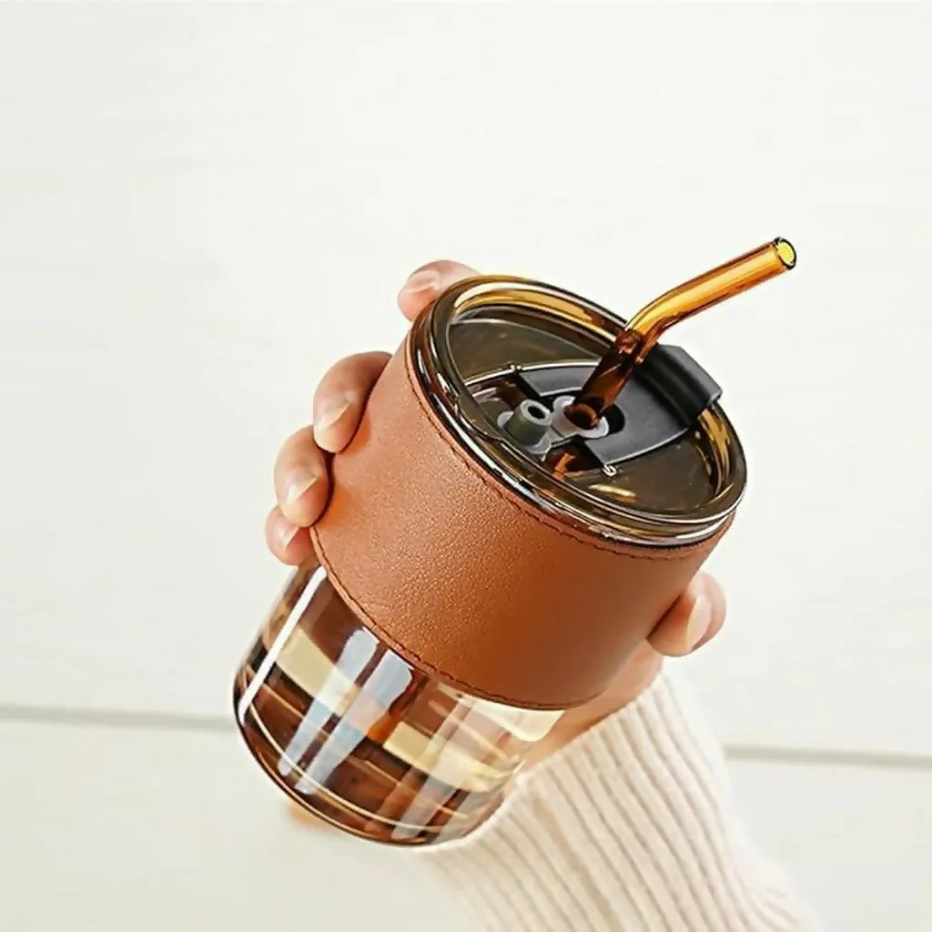 Premium Glass Tumbler with Straw and Lid Portable Juice Coffee Cup - Buy Online at Alikart