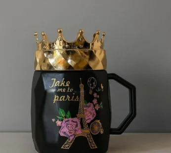 Luxury Black Ceramic Paris Mug with Golden Crown Lid | Gift Coffee Cup