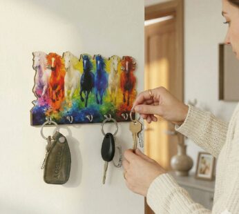 Seven Colorful Horse Wooden Key Holder | 5 Hook Wall Organizer
