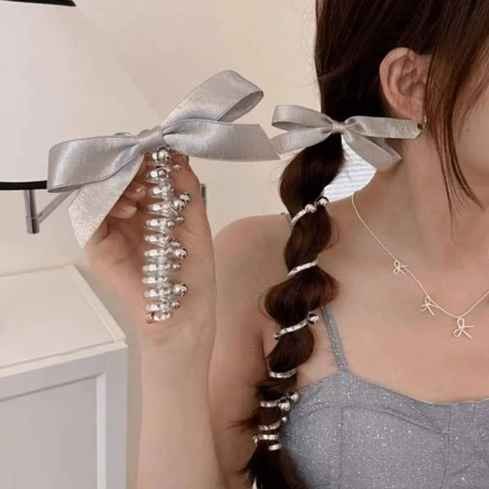 Elastic Bow Spiral Hair Ties – Shiny Braided Bowknot Ponytail Holders, Silvery Telephone Wire Hairbands for Girls & Teens(1 Pc) - Detailed Feature View 3