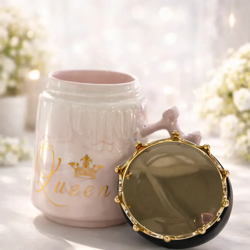 Queen Crown Ceramic Mug with Lid | Luxury Coffee & Tea Mug | Pink - Detailed Feature View 2