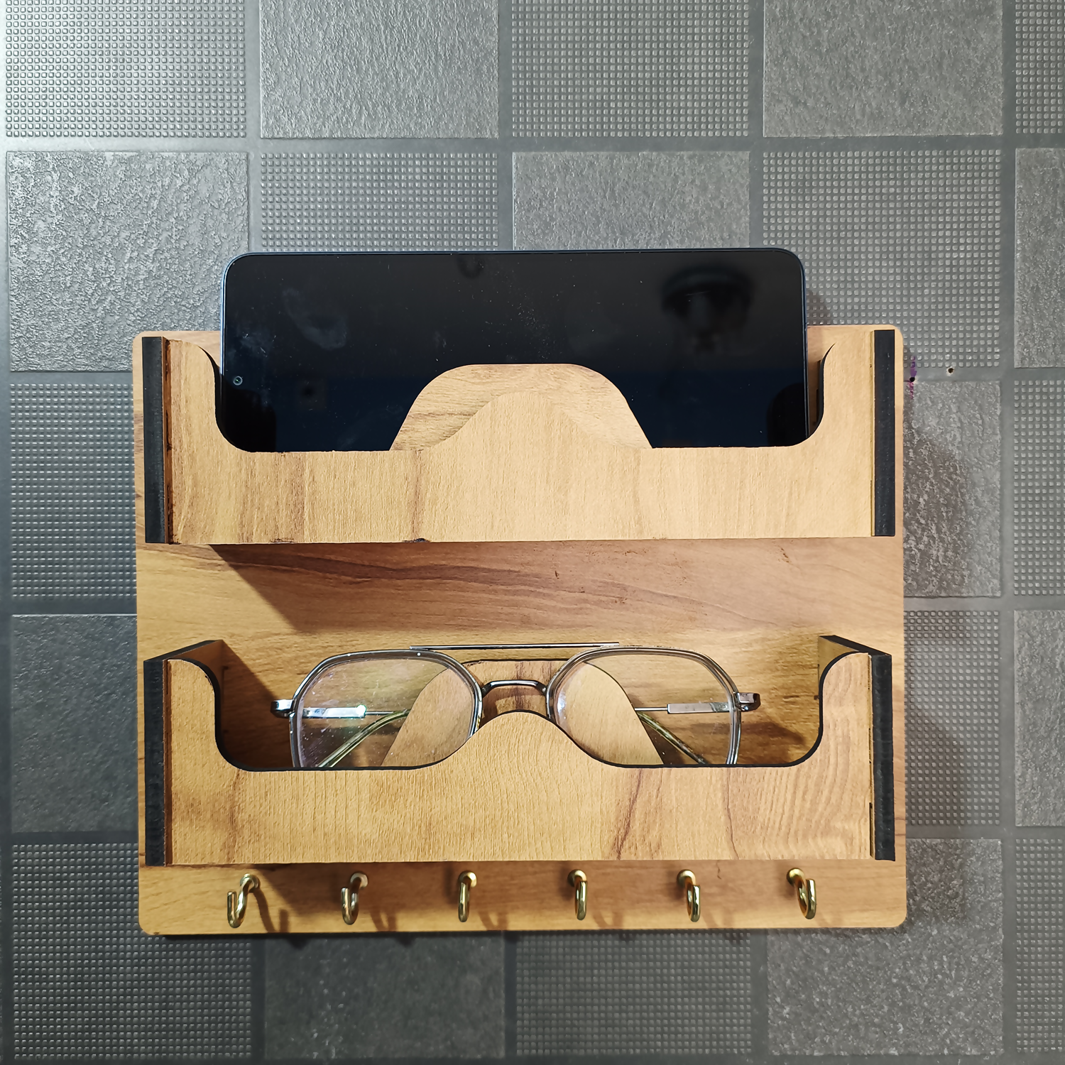 Double Layer Wooden Wall Mounted Organizer with Glasses Shelf and Key Hooks - Detailed Feature View 5