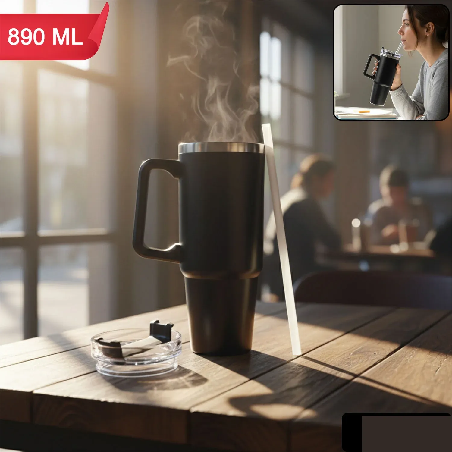 890 ML Large Capacity Insulated Travel Mug / Tumbler Black color (1 Pc) - Detailed Feature View 1