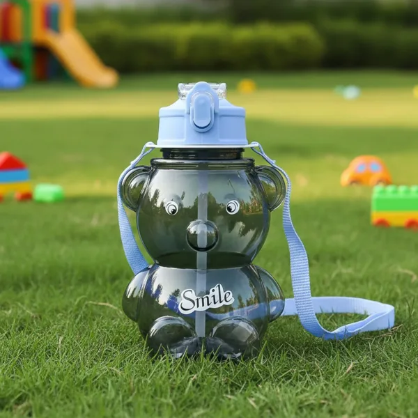 Kids Cartoon Bear Water Bottle with Straw & Shoulder Strap (1 Pc)