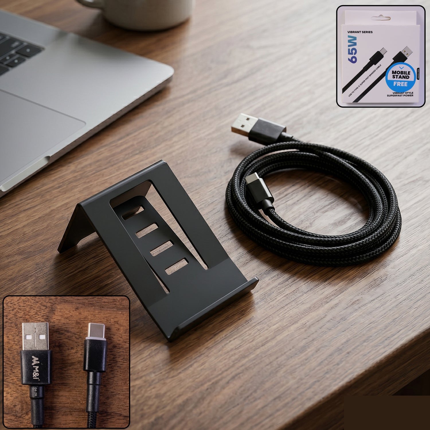 Premium 65W USB to Type-C Braided Charging Cable with Mobile Stand (1 Pc, 1 Mtr) - Buy Online at Alikart