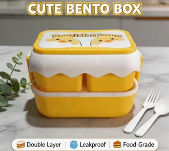 Cartoon Bento Lunch Box with Handle – 3 Compartment Kids Lunch Box with Spoon & Fork | Yellow Plastic Tiffin Box for School & Travel