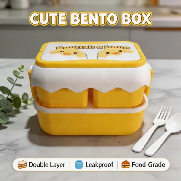 Cartoon Bento Lunch Box with Handle – 3 Compartment Kids Lunch Box with Spoon & Fork | Yellow Plastic Tiffin Box for School & Travel