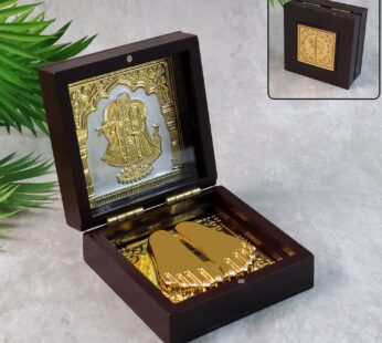 Golden Charan Paduka in Wooden Box – Spiritual Gift & Pooja Accessory