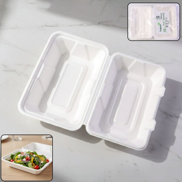 Vegnar Premium Bagasse Clamshell Food Box (10 Pc, 9×6 Inch)