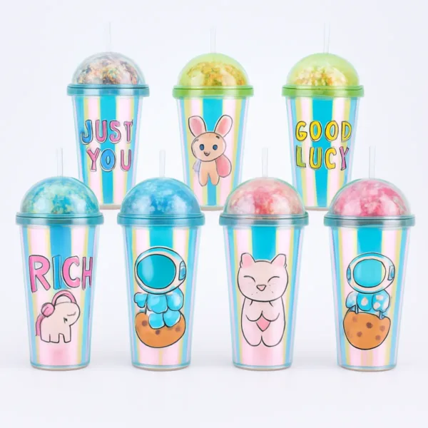 Creative Astronaut Print Plastic Cup – Double-Layer Cute Water Cup with Straw & LED Light, Portable & Fun (Random Color – Pack of 1)