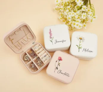Custom Birth Flower Jewellery Box – Personalized Leather Travel Jewellery Organizer
